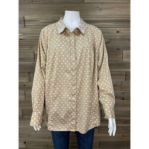 Lane Bryant Button Up Dress Shirt 22 Tan Polka Dot Long Sleeve Beaded Collar